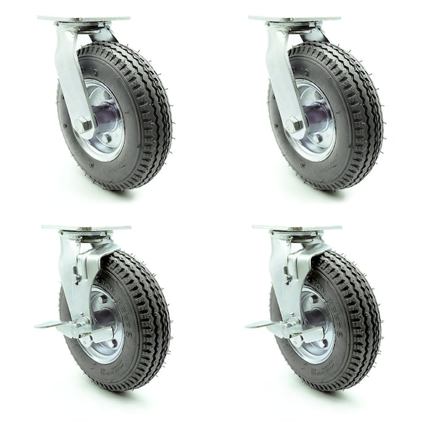 8 Inch Gray Pneumatic Wheel Caster Swivel with 2 Brakes, 4PK